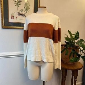 Orange / Cream Color Block Pull Over Acrylic Knit Sweater Size Small